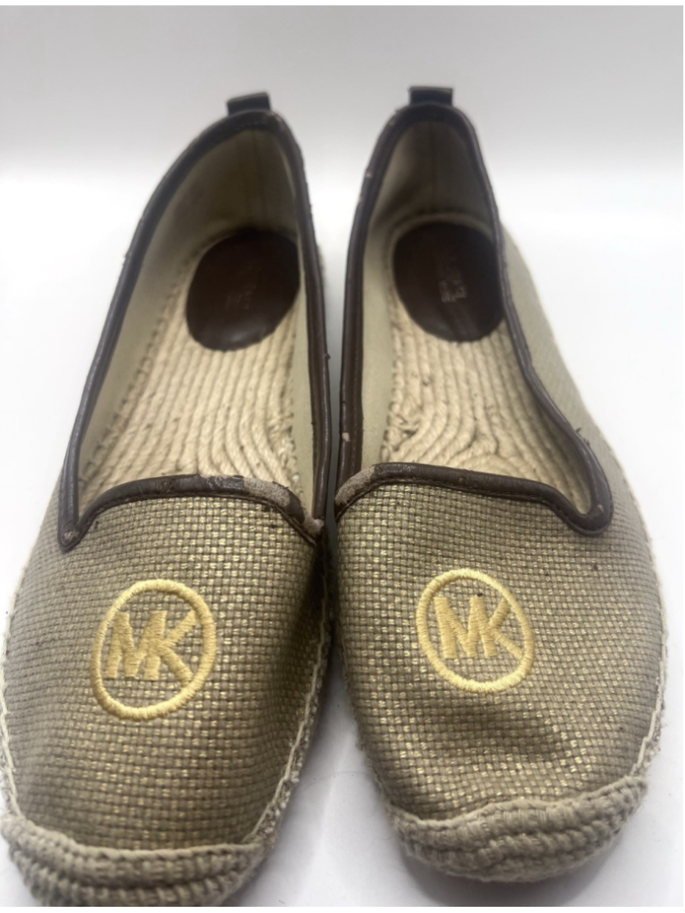 Michael Kors Hastings Espadrille Flats Womens 8 Brown Tan Canvas Gold Logo Shoes - Picture 5 of 9